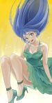  1girl absurdres anklet ass blue_eyes blue_hair blush boku_no_hero_academia breasts cleavage collarbone dress fengling_(furin-jp) gala_dress hadou_nejire hair_up head_tilt high_heels highres jewelry jumping knees large_breasts legs long_hair looking_at_viewer simple_background solo yellow_background 