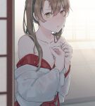  1girl brown_eyes brown_hair commentary_request kantai_collection kouga_(mutsumi) looking_at_viewer off-shoulder_kimono solo twintails upper_body wet wet_clothes zuikaku_(kancolle) 