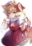 1girl absurdres animal_ears ascot backlighting blurry blush bow cat_ears cat_tail closed_mouth commentary_request cowboy_shot crystal depth_of_field eyebrows_visible_through_hair flandre_scarlet frilled_shirt_collar frilled_skirt frilled_sleeves frills hair_between_eyes hair_bow hat hat_ribbon highres honoka_chiffon kemonomimi_mode looking_at_viewer medium_hair mob_cap multicolored_wings paw_pose puffy_short_sleeves puffy_sleeves red_bow red_eyes red_ribbon red_skirt red_vest ribbon shirt short_sleeves side_ponytail simple_background skirt skirt_set solo tail thighhighs touhou vest white_background white_headwear white_legwear white_shirt wings yellow_ascot yellow_tail 