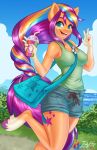  2022 5_fingers anthro anthrofied bag beverage bottomwear breasts clothing colored_nails container cup cutie_mark digital_media_(artwork) earth_pony equid equine female fingers hair hasbro hi_res highlights_(coloring) holding_object hooves horse humanoid_hands inkkeystudios long_hair mammal mlp_g5 my_little_pony nails open_mouth orange_body orange_skin pony purple_hair purple_tail shirt shorts smile smoothie solo sunny_starscout_(mlp) topwear tuft 
