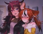  2girls alternate_costume animal_ears arm_grab bare_shoulders black_choker black_hair black_jacket blue_eyes blush casual choker close-up closed_eyes closed_mouth demon_horns hakos_baelz handot_(d_yot_) heterochromia highres hololive hololive_english horns ib irys_(hololive) jacket long_hair long_sleeves mouse_ears mouse_girl mousetrap multicolored_hair multiple_girls open_mouth painting_(object) pink_eyes purple_hair red_hair scared streaked_hair tearing_up twintails upper_body virtual_youtuber wavy_hair white_hair yuri 