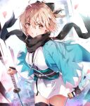  1girl absurdres black_legwear black_scarf black_sleeves blonde_hair detached_sleeves fate/grand_order fate_(series) highres holding holding_sword holding_weapon japanese_clothes katana kimono koha-ace long_sleeves looking_at_viewer okita_souji_(fate) okita_souji_(koha-ace) scabbard scarf sheath short_hair short_kimono solo sword thighhighs weapon white_kimono yellow_eyes 