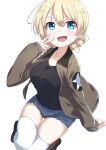  1girl black_tank_top blonde_hair blue_eyes braid breasts brown_footwear buchikaki cosplay darjeeling_(girls_und_panzer) denim denim_shorts french_braid girls_und_panzer hair_between_eyes hand_on_own_face jacket kay_(girls_und_panzer) kay_(girls_und_panzer)_(cosplay) large_breasts looking_at_viewer saunders_military_uniform shorts skindentation smile solo tank_top thighhighs thighs v white_background white_legwear 