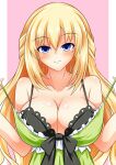  1girl adjusting_dress bare_shoulders black_bra blonde_hair blue_eyes blush bra breasts cleavage closed_mouth collarbone commentary_request dress eyebrows_visible_through_hair green_dress hair_between_eyes kyou large_breasts long_hair looking_at_viewer neptune_(series) official_alternate_costume shiny shiny_skin smile solo underwear vert_(neptune_series) 