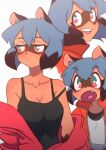  1girl animal_ears animal_nose blue_hair blush brand_new_animal breasts cleavage eyebrows_visible_through_hair furry furry_female green_eyes highres jacket kagemori_michiru looking_to_the_side medium_breasts multicolored_eyes multiple_views open_mouth pink_eyes raccoon_ears raccoon_girl red_jacket short_hair simple_background snout tanquito_kun track_jacket white_background 
