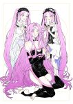  3girls absurdres bangs black_dress dress euryale_(fate) facial_mark fate/grand_order fate_(series) forehead forehead_mark highres medusa_(rider)_(third_ascension)_(fate) multiple_girls parted_bangs pink_eyes pink_hair siblings simple_background sisters snrns stheno_(fate) toeless_legwear white_dress 