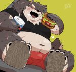  absurd_res anthro belly bottomwear bulge burger buruukoori canid canine canis clothing domestic_dog eating food footwear fur grey_body grey_fur hair hi_res lifewonders long_hair male mammal navel overweight ponytail sandals shino_(housamo) shorts solo tokyo_afterschool_summoners video_games 