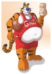  2011 4_toes 5_fingers anthro ball basketball_(ball) belly big_belly blue_nose bottomwear chubby_anthro chubby_male claws clothed clothing eggo21 feet felid fingers frosted_flakes fur holding_bag holding_object kellogg&#039;s looking_at_viewer male mammal mascot navel overweight overweight_anthro overweight_male pantherine raised_clothing raised_shirt raised_tail raised_topwear shirt shorts slightly_chubby solo standing text tiger toe_claws toes tony_the_tiger topwear whiskers 