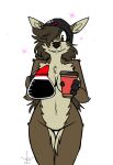  absurd_res anthro beanie beverage breasts capreoline cervid cervine clothing coffee coffee_cup container cup female hair happy hat headgear headwear hi_res ida_(topazknight) long_hair looking_at_viewer mammal missing_texture mule_deer solo sparkles topazknight 