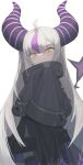  1girl absurdres ahoge black_horns blush braid closed_mouth grey_hair hair_between_eyes highres hololive holox horns hwoi_(hw_123) la+_darknesss long_hair multicolored_hair purple_hair purple_legwear simple_background sleeves_past_fingers sleeves_past_wrists slit_pupils smile solo streaked_hair striped striped_horns thighhighs very_long_hair virtual_youtuber white_background 