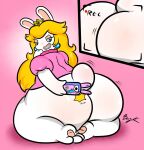  anthro big_butt blonde_hair blue_eyes bottomless bunearyk butt clothed clothing crossover crown dress ear_piercing ear_ring english_text female hair hi_res holding_object holding_phone huge_butt huge_thighs kneeling lagomorph leporid long_hair looking_back mammal mario_bros mario_plus_rabbids_kingdom_battle nintendo onomatopoeia phone piercing rabbid rabbid_peach rabbit raving_rabbids rayman_(series) recording smile solo sound_effects text thick_thighs ubisoft video_games white_body 