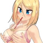  1girl blonde_hair blue_eyes blush breast_hold breasts bubble_tea bubble_tea_challenge drinking dungeon_and_fighter gunner_(dungeon_and_fighter) looking_down o-ring o-ring_bikini ranger_(dungeon_and_fighter) short_hair solo sss_(komojinos3) upper_body white_background 