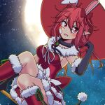  1girl animal_ears broom broom_riding collar costume dress dungeon_and_fighter female_mage_(dungeon_and_fighter) hat mage_(dungeon_and_fighter) moon night night_sky rabbit_ears red_dress ribbon sky solo sss_(komojinos3) tail thighhighs witch_(dungeon_and_fighter) witch_hat 