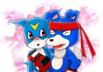  absurd_res accessory anthro arm_around_shoulders bandai_namco blue_body blue_fur blush boxing_gloves canid canine clothing digimon digimon_(species) duo fur gaomon handwear headband hi_res littlevdemagic male male/male mammal red_eyes veemon 