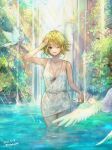  1girl ;d ahoge bikini bikini_under_clothes bird blonde_hair dress green_eyes highres idolmaster idolmaster_cinderella_girls kuroda_kuroko light_rays looking_at_viewer one_eye_closed partially_submerged pigeon plant round_teeth see-through see-through_dress shading_eyes skirt_hold smile solo sunlight swimsuit teeth umeki_otoha water waterfall white_bikini 