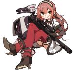  1girl amonitto bangs black_gloves blaser_r93 blush bolt_action brown_eyes closed_mouth commentary_request dinergate_(girls&#039;_frontline) dress eyebrows_visible_through_hair full_body girls&#039;_frontline gloves gun hair_between_eyes holding holding_gun holding_weapon long_sleeves looking_at_viewer pink_hair r93_(girls&#039;_frontline) red_legwear rifle simple_background smile sniper_rifle weapon white_background 