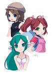  3girls absurdres android blue_eyes breasts brown_hair charu_(saru_getchu) closed_mouth green_eyes green_hair haruka_(saru_getchu) hat highres joints long_hair looking_at_viewer multiple_girls open_mouth ponytail robot_ears robot_joints saru_getchu sayaka_(saru_getchu) short_hair simple_background smile supure647 twintails white_background 