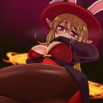  1girl animal_ears black_background blonde_hair blush dress dungeon_and_fighter embarrassed fortuneteller_rosaura glowing glowing_hair hand_on_own_face hat lying on_back rabbit_ears red_dress solo sss_(komojinos3) thighhighs top_hat upper_body 