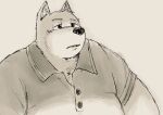  2022 anthro aotadobukitch belly big_belly canid canine canis clothing domestic_dog hi_res kemono male mammal overweight overweight_male portrait shirt simple_background solo topwear 