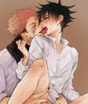  2boys bangs black_hair black_scarf bottomless collared_shirt commentary_request enuma_ru extra_eyes facial_tattoo forehead_tattoo french_kiss fushiguro_megumi green_eyes japanese_clothes jujutsu_kaisen kimono kiss leg_grab looking_at_another male_focus multiple_boys pink_hair red_eyes ryoumen_sukuna_(jujutsu_kaisen) scarf shirt short_hair simple_background sleeves_rolled_up spiked_hair spread_legs sweat tattoo tongue tongue_out undercut white_kimono white_shirt yaoi 