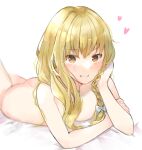  1girl ass bangs bed_sheet blonde_hair bow braid breasts completely_nude hair_bow hand_on_own_cheek hand_on_own_face heart highres kirisame_marisa long_hair looking_at_viewer medium_breasts nude simple_background smile solo touhou white_background white_bow yellow_eyes yurara_(aroma42enola) 