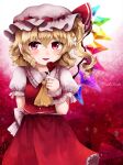  1girl arm_behind_back ascot back_bow blonde_hair bow character_name collared_shirt commentary_request eyebrows_visible_through_hair flandre_scarlet flower frilled_shirt_collar frilled_skirt frills gradient gradient_background hair_between_eyes hat hat_ribbon highres holding holding_flower looking_at_viewer maa_(forsythia1729) medium_hair mob_cap open_mouth pointy_ears puffy_short_sleeves puffy_sleeves red_background red_eyes red_flower red_ribbon red_rose red_skirt red_vest ribbon ribbon-trimmed_headwear ribbon_trim rose shirt short_sleeves side_ponytail skirt skirt_set touhou vest white_bow white_headwear white_shirt wings yellow_ascot 