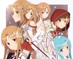  1girl armor asuna_(sao) asuna_(sao-alo) asuna_(stacia) asymmetrical_bangs bangs blue_eyes blue_hair braid breastplate brown_eyes brown_hair clone crossed_arms drawing_sword dress elbow_gloves french_braid gloves gray_(hui_tong) hair_between_eyes hair_ribbon holding holding_sword holding_weapon long_hair looking_at_viewer rapier red_hood red_skirt ribbon school_uniform short_ponytail simple_background skirt smile sword sword_art_online weapon white_dress white_gloves white_ribbon 