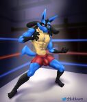  2022 abs anthro artariem athletic athletic_male biceps big_bulge blue_body bottomwear bulge clothed clothing detailed_bulge digital_media_(artwork) digital_painting_(artwork) fighting_pose fighting_ring full-length_portrait gym gym_bottomwear gym_clothing hi_res lucario male muscular nintendo pok&eacute;mon pok&eacute;mon_(species) portrait pose red_clothing red_eyes shaded signature solo standing text topless url video_games yellow_body yellow_chest 