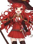  1girl bag dungeon_and_fighter fang female_mage_(dungeon_and_fighter) fluocae gloves hat mage_(dungeon_and_fighter) pig_tail pointy_ears red_hair satchel smile solo staff sticker_on_face tail thighhighs upper_body witch_(dungeon_and_fighter) witch_hat 