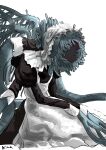  1other alternate_costume apron bloodborne eldritch_abomination enmaided frilled_apron frills green_eyes grey_background highres hunched_over kiwa_(soek) maid maid_apron maid_day maid_headdress signature simple_background sketch solo tentacles wings 