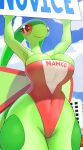  anthro big_breasts breasts cleavage clothed clothing english_text female flygon hi_res nintendo one-piece_swimsuit ozoneserpent pok&eacute;mon pok&eacute;mon_(species) smile solo swimwear text thick_thighs video_games 