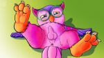  2022 3_toes 4_fingers anthro anus avian balls beak bird blush chubby_male claws digital_media_(artwork) embarrassed erection eyewear fall_guys feathers feet fingers fol foreskin genitals glasses hi_res humanoid_genitalia looking_at_genitalia lying male mediatonic on_back owl penis perineum pink_body pink_feathers presenting purple_body purple_feathers simple_background slightly_chubby soles solo talons toe_claws toes twit_(fall_guys) video_games yellow_sclera 