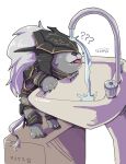  anthro armor canid canine chibi elden_ring faucet fromsoftware gunka0111 headgear helmet male maliketh_(elden_ring) mammal question_mark solo tongue tongue_out video_games water 