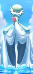  1girl artist_name bangs blue_background blue_sky bob_cut bright_pupils closed_mouth cloud colored_skin commentary_request curtsey day flat_chest full_body gardevoir green_hair green_skin hair_between_eyes happy head_tilt highres legs legs_together lifted_by_self looking_at_viewer multicolored_skin on_water outdoors partial_commentary pokemon pokemon_(creature) red_eyes short_hair signature sky smile solo standing tsukkon twitter_username two-tone_skin water white_pupils white_skin 