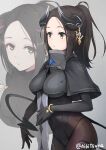  1girl armor black_gloves black_hair black_leotard bodystocking breastplate breasts brown_eyes capelet cropped_torso gloves grey_background hibi_tsuna horns leotard long_hair looking_at_viewer medium_breasts original ponytail solo tail zoom_layer 