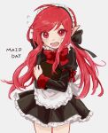  1girl bare_legs big_eyes blush dungeon_and_fighter fang female_mage_(dungeon_and_fighter) fluocae grey_background mage_(dungeon_and_fighter) maid maid_day pointy_ears red_hair ribbon solo twintails upper_body witch_(dungeon_and_fighter) 