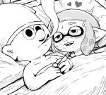  1boy 1girl after_sex blush character_request cigarette crossover fangs greyscale heart inkling monochrome sakkan smoking splatoon_(series) sweat the_smurfs under_covers visible_air 