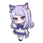  1girl :&lt; animal_ears bangs black_footwear blush bow chibi closed_mouth commentary_request ear_ribbon eyebrows_visible_through_hair full_body green_ribbon hand_up horse_ears horse_girl horse_tail long_hair looking_at_viewer mejiro_mcqueen_(umamusume) nozo_(hitomiz) pleated_skirt puffy_short_sleeves puffy_sleeves purple_bow purple_eyes purple_hair purple_shirt ribbon school_uniform shirt shoes short_sleeves simple_background skirt solo standing swept_bangs tail thighhighs tracen_school_uniform umamusume very_long_hair white_background white_legwear white_skirt 