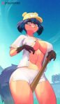  2022 anthro baseball_bat bat_(object) brand_new_animal clothed clothing digital_media_(artwork) feliscede female fingers grin hair hat headgear headwear hi_res looking_at_viewer mammal michiru_kagemori outside smile solo studio_trigger 