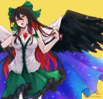  1girl adapted_costume bangs bird_wings black_wings bow breasts brown_hair cape cleavage collarbone collared_shirt commentary_request constellation_print cowboy_shot feathered_wings frilled_skirt frills green_bow green_skirt hair_bow hand_in_own_hair hoshiringo0902 long_hair medium_breasts multicolored_hair open_mouth red_eyes reiuji_utsuho shirt simple_background skirt sleeveless sleeveless_shirt teeth third_eye touhou two-tone_hair upper_teeth very_long_hair white_cape white_shirt wings yellow_background 