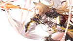  1girl animal_ears arknights belt boots ceobe_(arknights) cowboy_shot dog_ears highres infection_monitor_(arknights) jacket light_brown_hair long_hair originium_(arknights) originium_arts_(arknights) pixel_(user_pkds3458) pouty_lips puffy_sleeves simple_background solo speed_lines thigh_boots thighhighs throwing white_background 