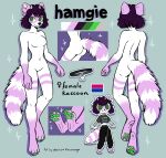  anthro barefoot bisexual_pride_colors black_nose black_text bottomwear breasts butt character_name chibi choker clothed clothing color_swatch crop_top egirl feet female female_symbol flat_colors foot_focus fur gender_symbol green_eyes green_pawpads green_pupils hamgie hi_res horn jewelry lgbt_pride mammal markings model_sheet necklace pants pawpads pink_body pink_fur pride_colors procyonid pupils raccoon ring_(marking) ringtail shirt signature simple_background smile solo symbol tail_markings text topwear unknown_artist white_body white_fur 