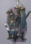  1boy 1girl 1other amiya_(arknights) animal_ears arknights ascot beard belt blue_skirt brown_hair closed_eyes coat coat_on_shoulders covering dagger doctor_(arknights) facial_hair head_wings hellagur_(arknights) highres holding holding_tablet_pc knife long_hair no_jacket oaza rabbit_ears rain sheath sheathed shirt skirt smile sword_hilt tablet_pc thighhighs torn_clothes torn_coat weapon white_hair white_shirt 