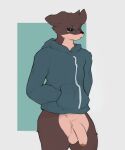  absurd_res anthro balls black_sclera bottomless bottomless_male brown_body clothed clothing countershading eyewear flaccid foreskin genitals ghosthundred glasses hi_res hoodie humanoid_genitalia humanoid_penis male mammal penis solo standing topwear ursid 