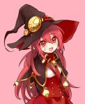  1girl dungeon_and_fighter fang female_mage_(dungeon_and_fighter) fluocae hat long_hair mage_(dungeon_and_fighter) open_mouth red_eyes red_hair short_twintails sticker_on_face twintails upper_body witch witch_(dungeon_and_fighter) witch_hat 