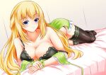  1girl bare_shoulders bed black_bra black_legwear black_panties blonde_hair blue_eyes blush bra braid breasts cleavage closed_mouth collarbone commentary_request dress eyebrows_visible_through_hair green_dress hair_between_eyes indoors kyou large_breasts long_hair looking_at_viewer lying neptune_(series) official_alternate_costume on_bed on_stomach panties partially_undressed resting smile solo the_pose thighhighs underwear vert_(neptune_series) 