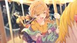  1girl blonde_hair blue_overskirt blush braid carousel closed_eyes fang fujita_kotone gakuen_idolmaster hair_ribbon happy highres idolmaster jacket long_sleeves multicolored_clothes multicolored_jacket open_mouth reikakrzk ribbon shirt skin_fang skirt smile solo twin_braids yellow_shirt 