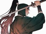  1boy arm_guards bangs brown_hair frown green_headwear hair_tubes hand_up head_scarf high_ponytail holding holding_sword holding_weapon ine_(zx_o4) japanese_clothes long_hair long_sleeves looking_away making-of_available male_focus ninja ponytail profile rakudai_ninja_rantarou simple_background solo sword tachibana_senzou unsheathed weapon white_background 