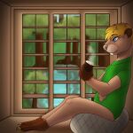  anthro beaver beverage black_nose blonde_hair blue_eyes bottomless buckteeth claws clothed clothing forest hair hi_res inside male mammal nightsabra plant ponder_beaver_(character) rodent solo tea teeth toe_claws tree window 