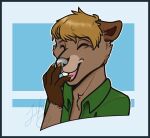  anthro beaver black_nose blonde_hair bodily_fluids buckteeth clothed clothing gloves_(marking) hair jika_mocha_latte laugh male mammal markings open_clothing open_mouth open_shirt open_topwear ponder_beaver_(character) rodent shirt solo tears teeth tongue topwear whiskers 
